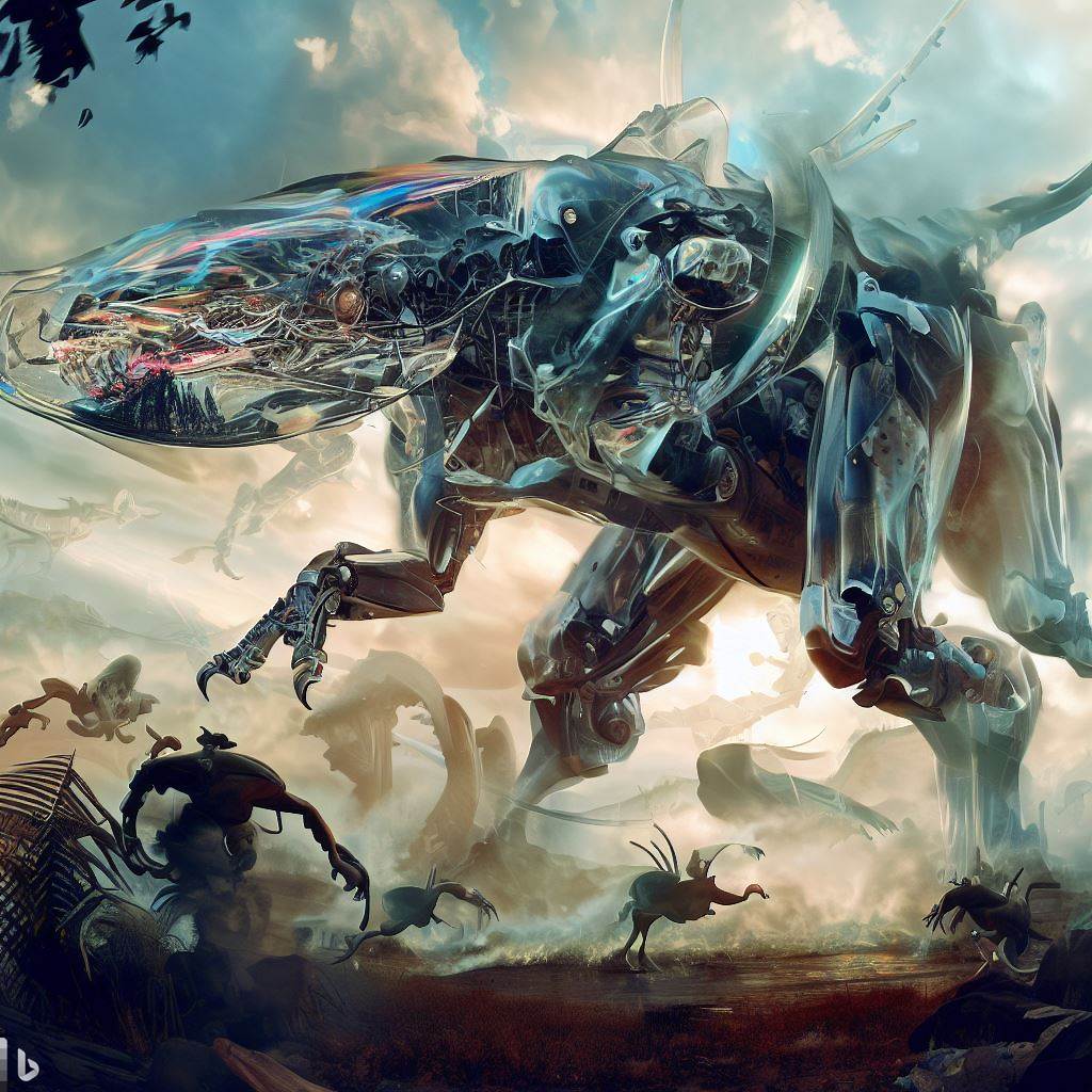 futuristic dinosaur mech with glass body being hunted, shatter, fauna in foreground, detailed smoke and clouds, lens flare, fish-eye lens, realistic, h.r. giger style 1.jpg